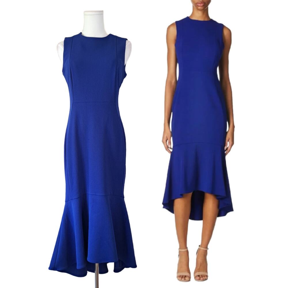New CALVIN KLEIN Sleeveless High-Low Flounce Hem Midi Dress Sz 4 Royal Blue